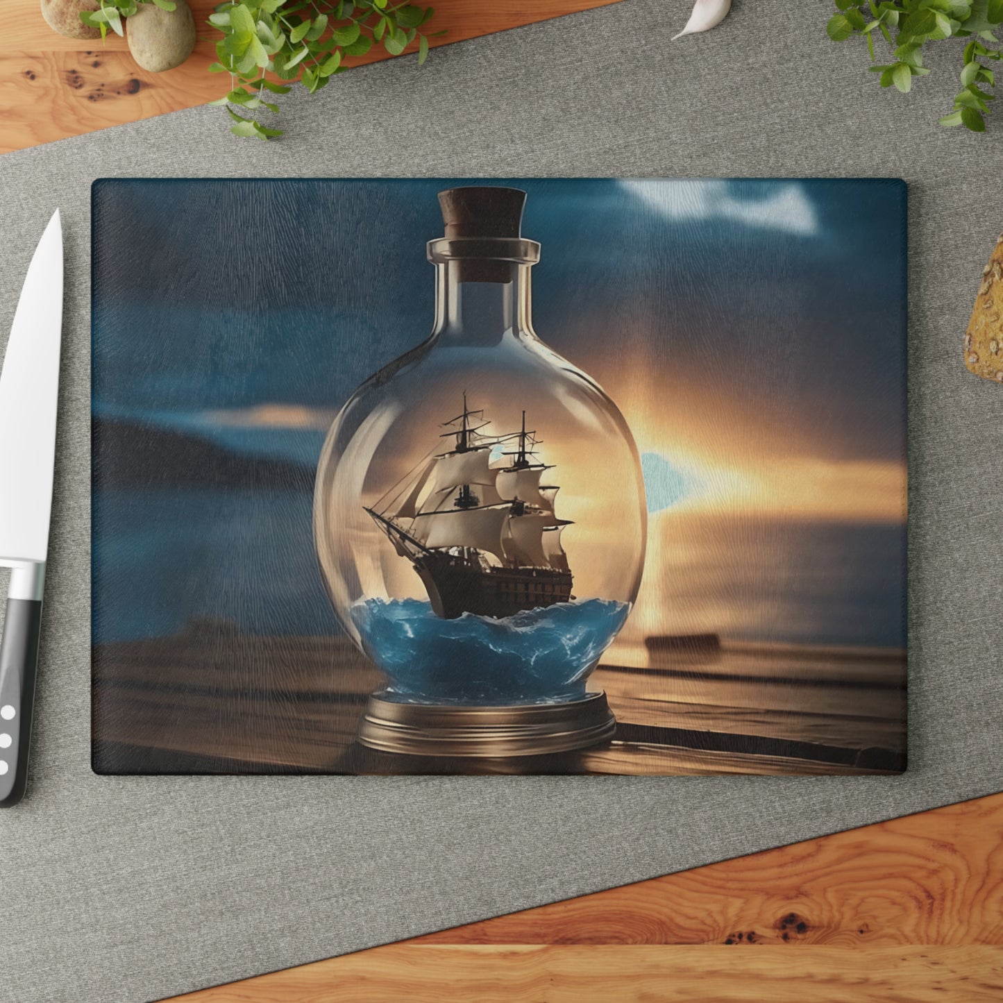 Tabla de cortar de vidrio templado con un barco antiguo en una botella: diseño de atardecer náutico