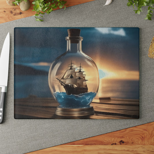 Tabla de cortar de vidrio templado con un barco antiguo en una botella: diseño de atardecer náutico