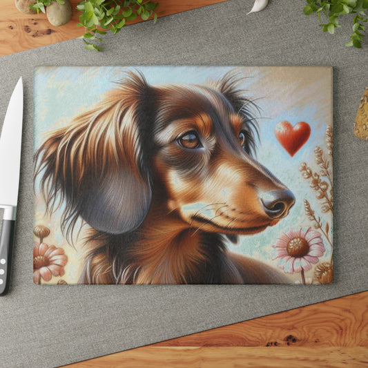 🐾 Dachshund Love Cutting Board – Whimsical Heart & Floral Charm for Your Kitchen