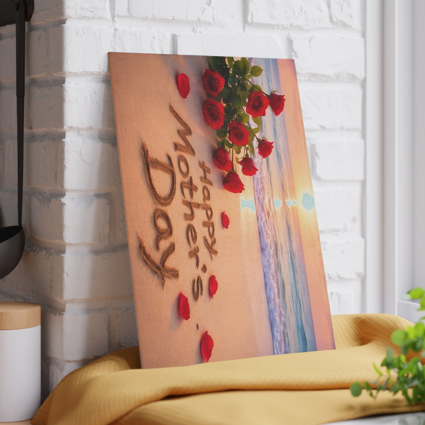 Mother’s Day Beach Scene Glass Cutting Board – Coastal Elegance with Heartfelt Charm