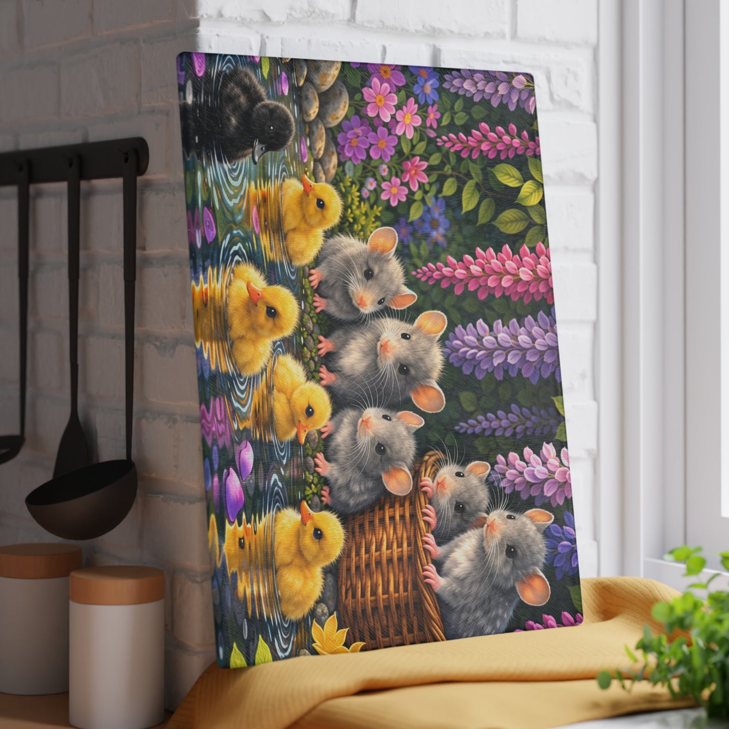 Baby Ducklings and Mice Pond Glass Cutting Board – Whimsical Woodland Garden Artwork