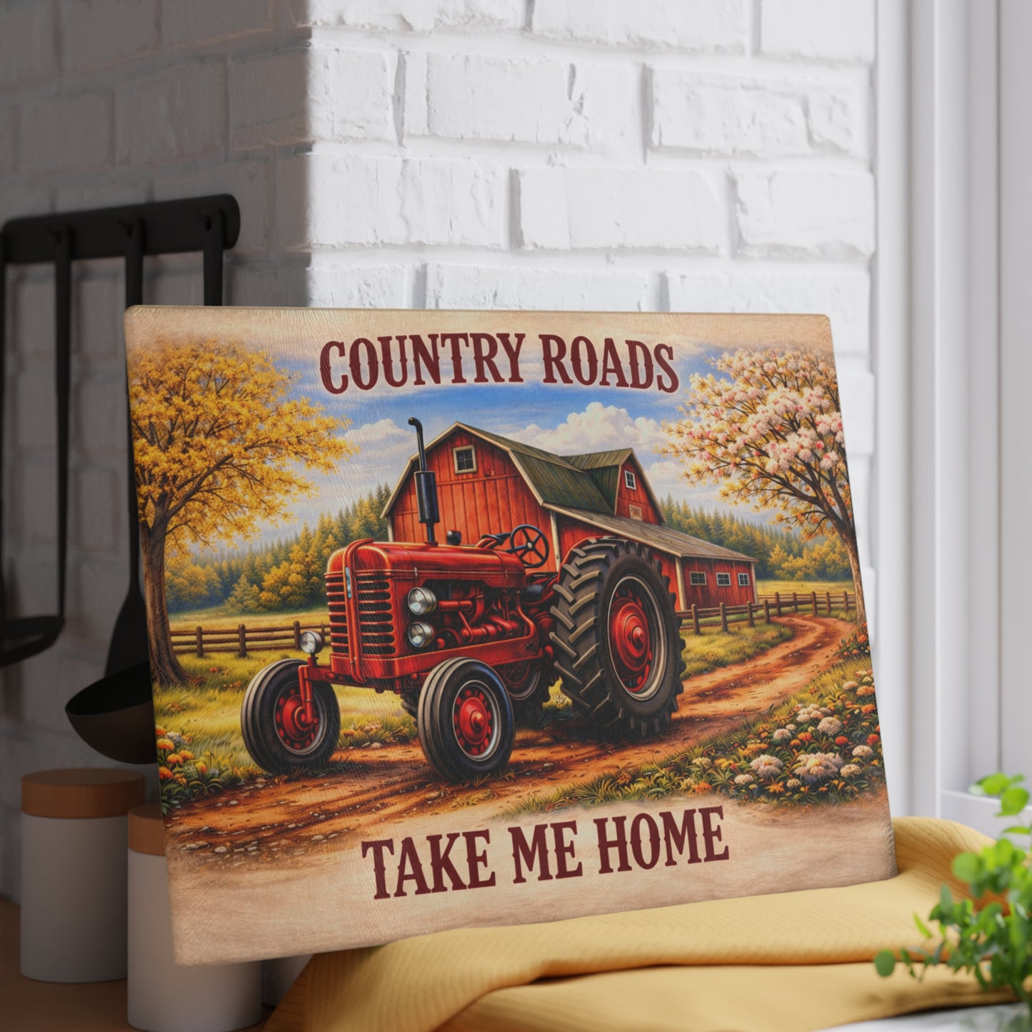 Country Roads Tractor Glass Cutting Board – Rustic Farmhouse Charm for Your Kitchen