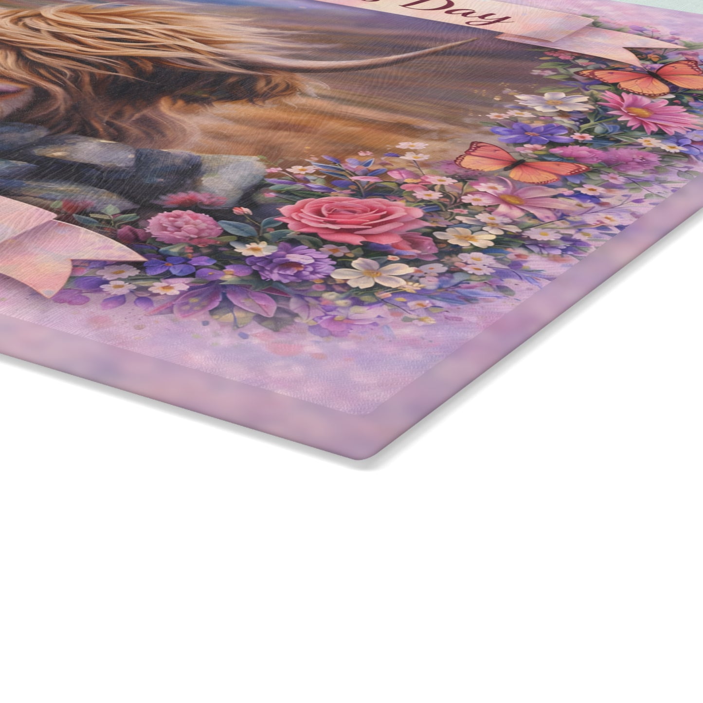 Mother’s Day Highland Cow Floral Glass Cutting Board – Soft Country Artwork with Butterflies