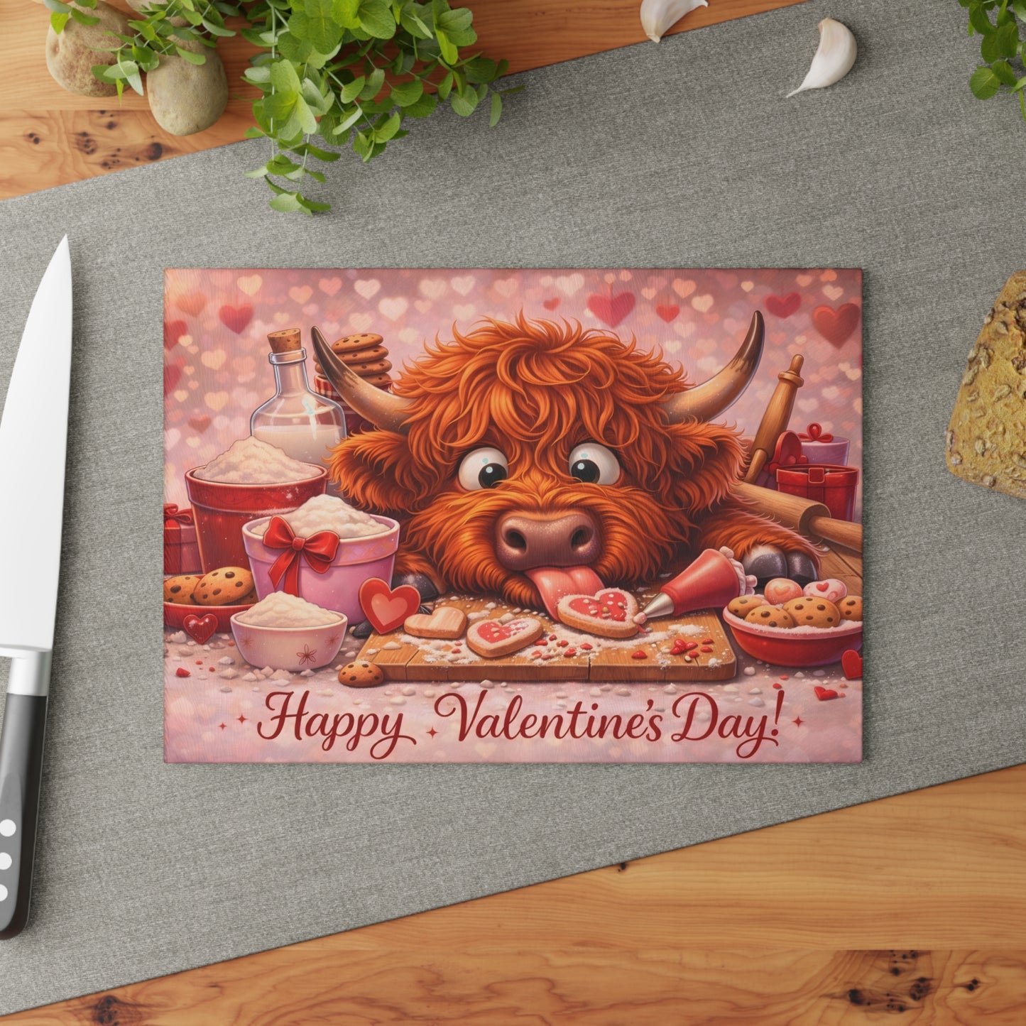 Valentine Highland Cow Baking Glass Cutting Board – Sweet Farmhouse Love Kitchen Decor