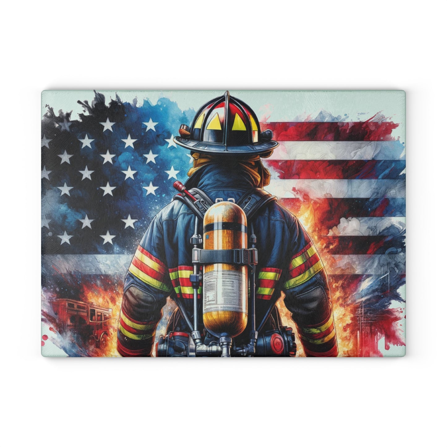 Firefighter American Flag Cutting Board – Courage and Service in Patriotic Style