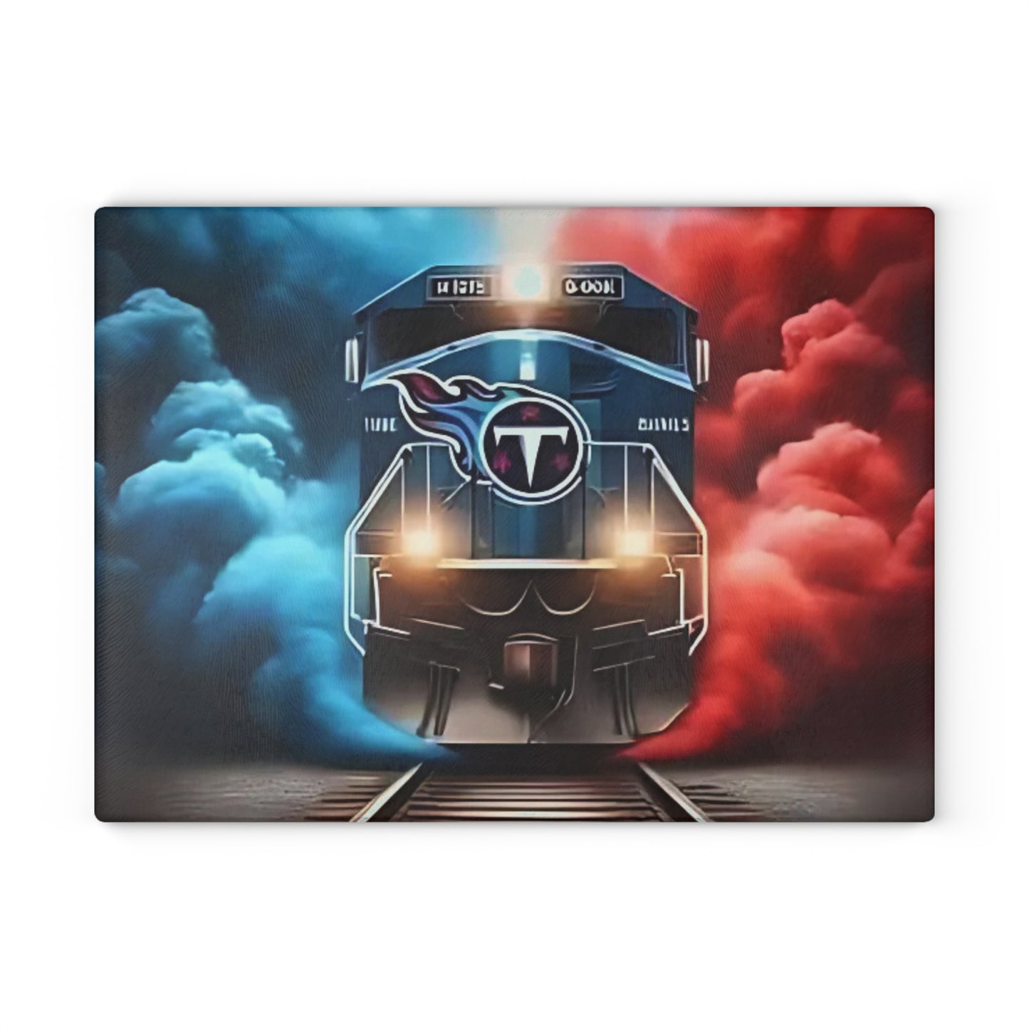 Tabla de cortar de vidrio Express en azul marino y rojo: un diseño de tren audaz para cocinas modernas y atrevidas