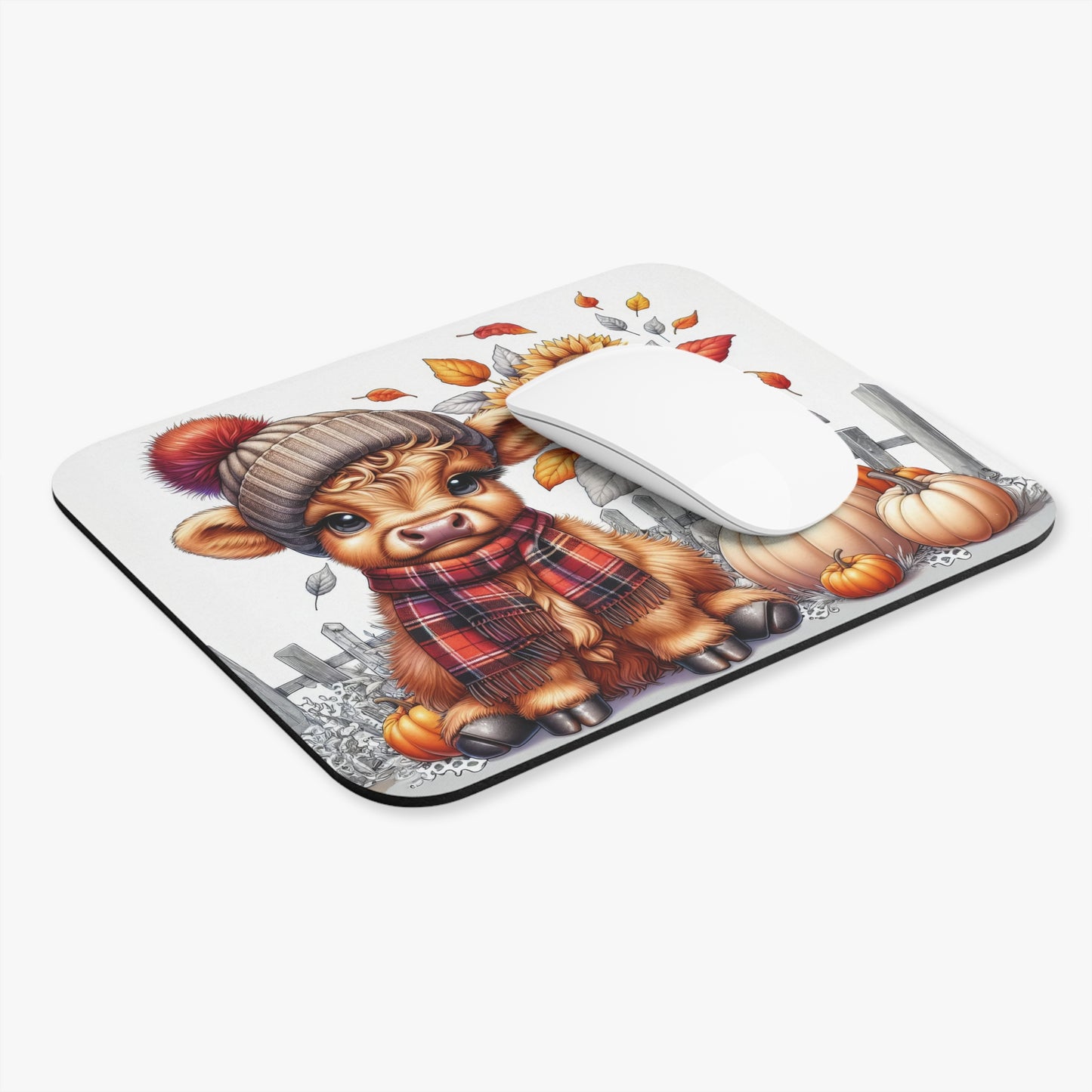 🖱️🐮🍂 Cozy Highland Cow Mouse Pad – Fall Beanie, Plaid Scarf, Sunflowers & Pumpkins