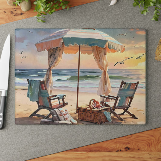 Tabla de cortar de playa, decoración costera, arte oceánico, regalo de playa, tabla de cortar de vidrio, decoración de cocina tropical, aspecto pintado a mano, escena de playa