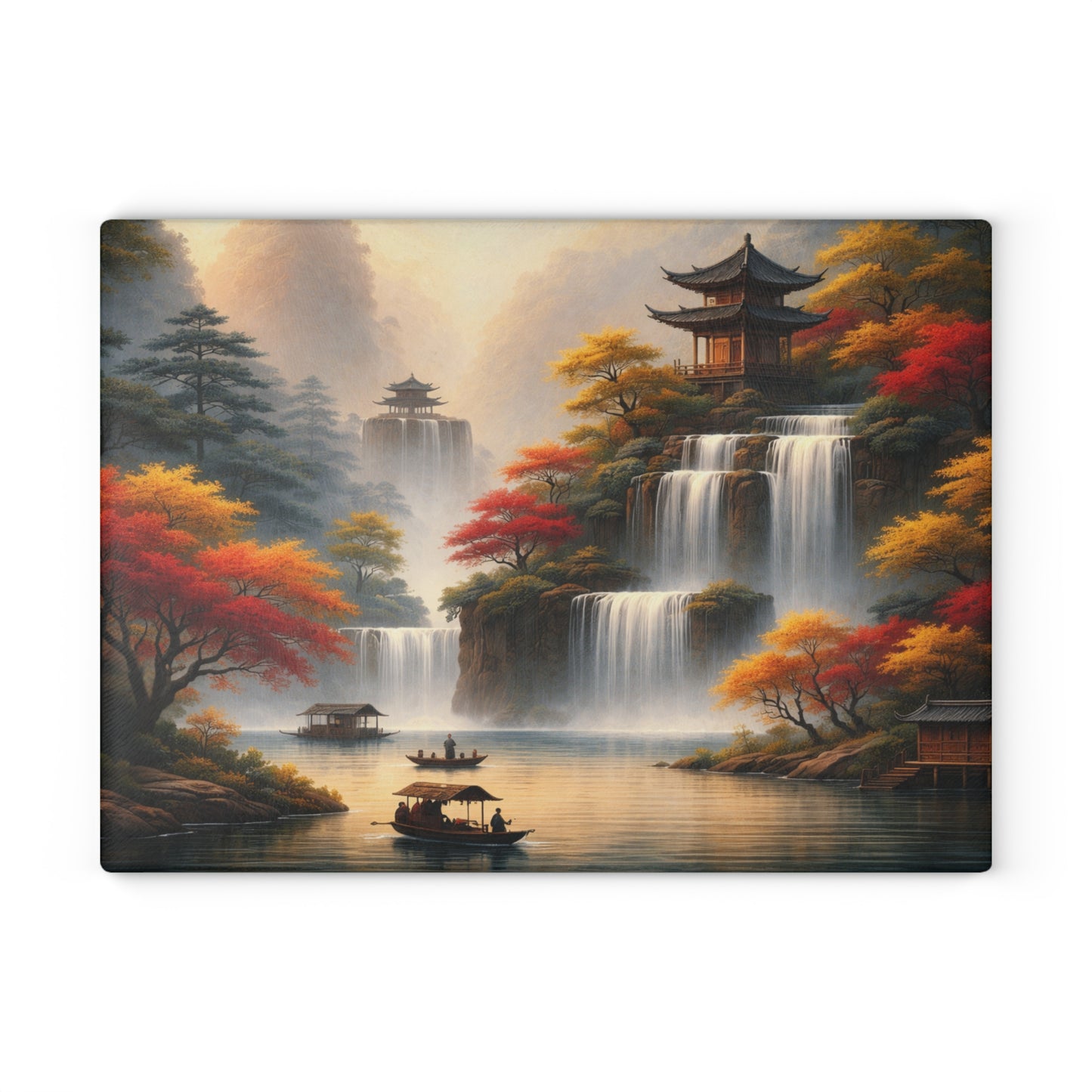 Asian Waterfall Landscape Glass Cutting Board – Serene Mountain Temple Kitchen Art