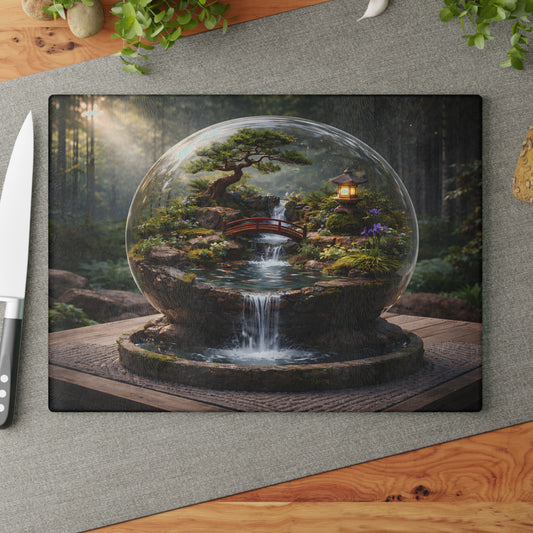 Zen Garden Waterfall Globe Glass Cutting Board – Tranquil Japanese-Inspired Nature Art