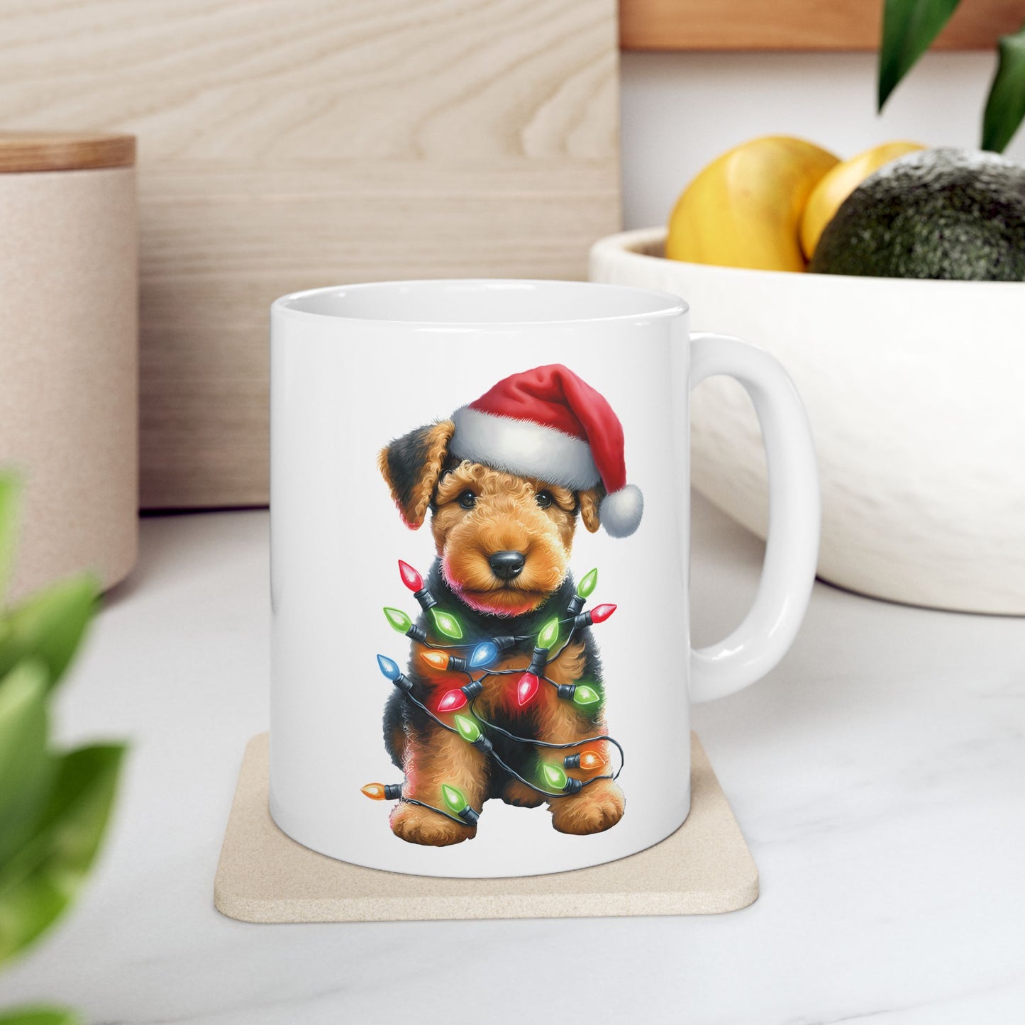 🎄 Airedale Terrier Christmas Mug – Jolly Pup with Santa Hat & Twinkling Lights 🎁