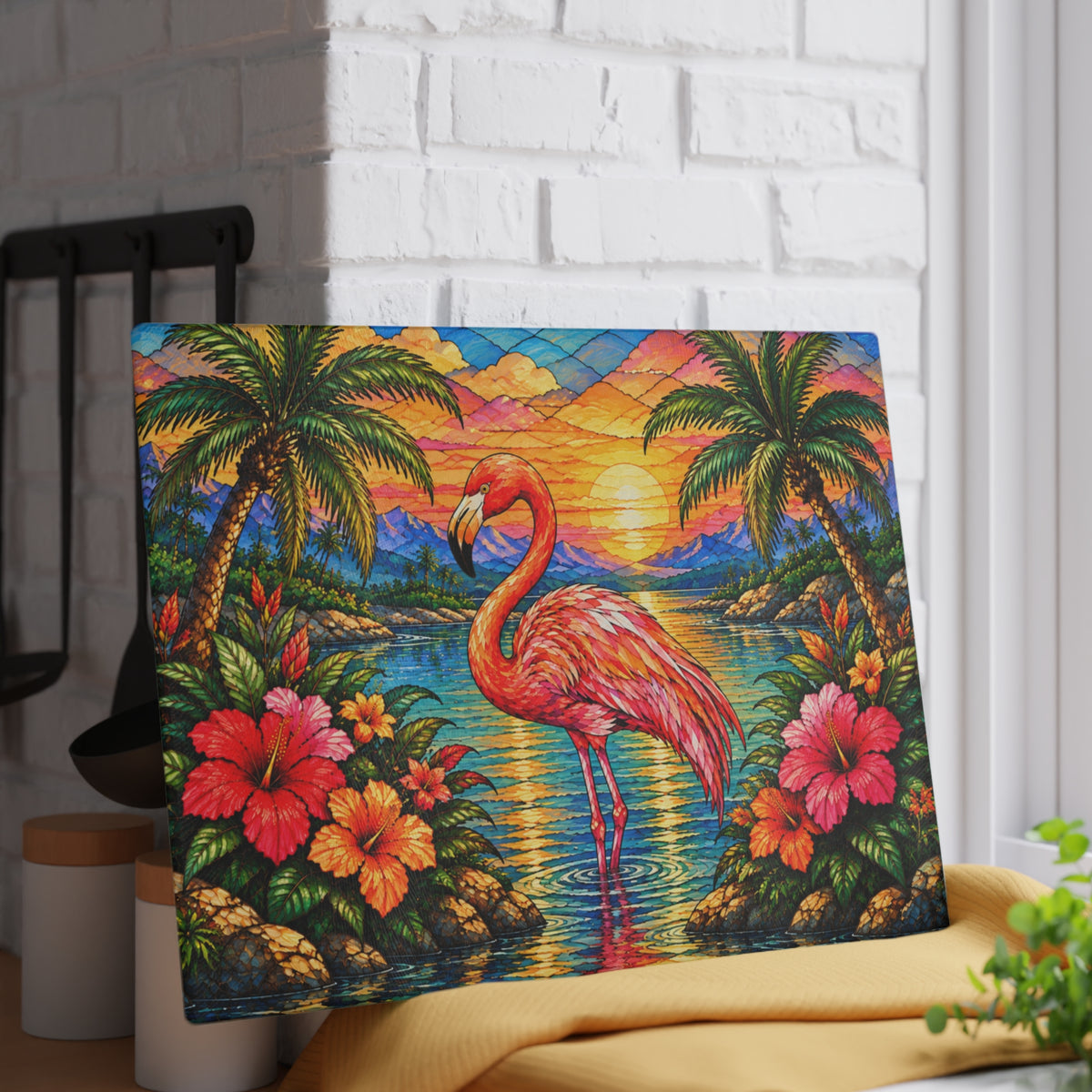 Stained-Glass-Inspired Pink Flamingo Cutting Board – Tropical Sunset, Palm Trees, Colorful Hibiscus Flowers & Coastal Kitchen Décor