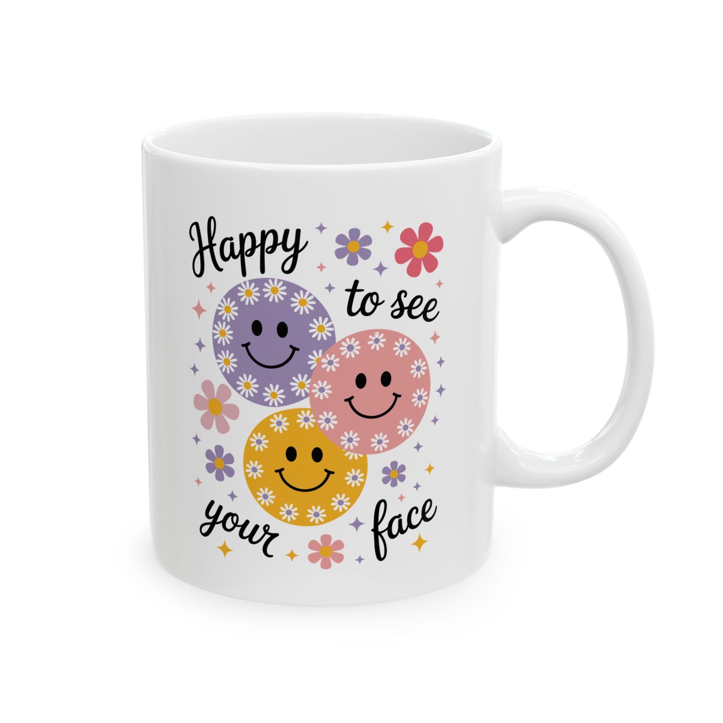 🌸😊 Happy to See Your Face Mug – Retro Smiley Flower Coffee Cup ☕🌼
