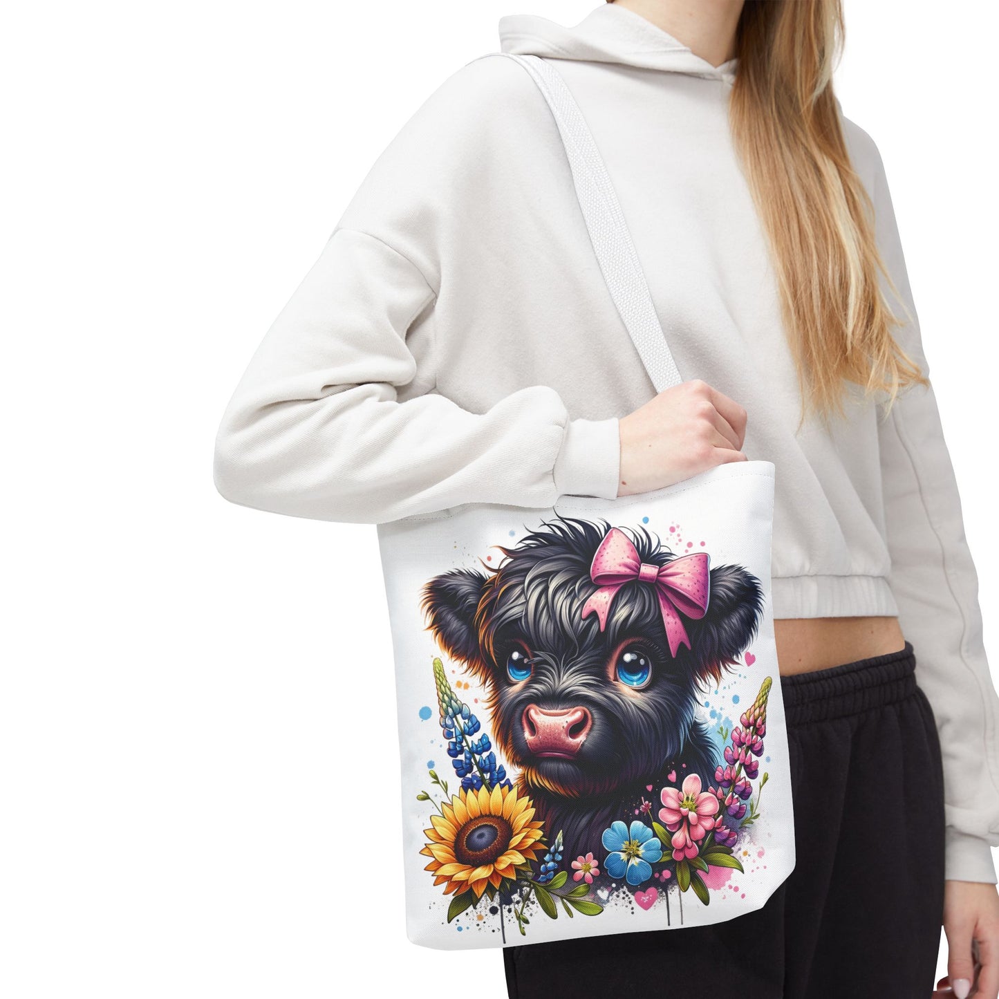 🌸 Black Highland Calf Floral Tote Bag – Sweet Style for Every Age 🐮👜