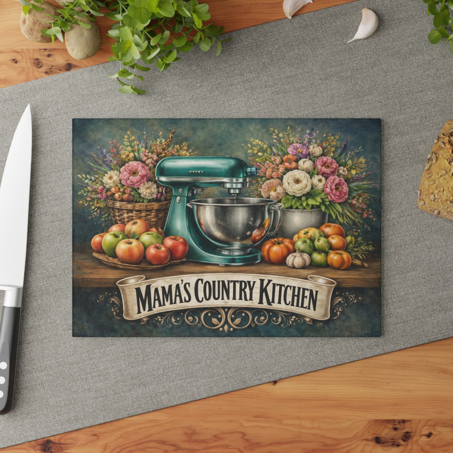 Mama’s Country Kitchen Glass Cutting Board – Farmhouse Baking Art with Vintage Mixer Charm