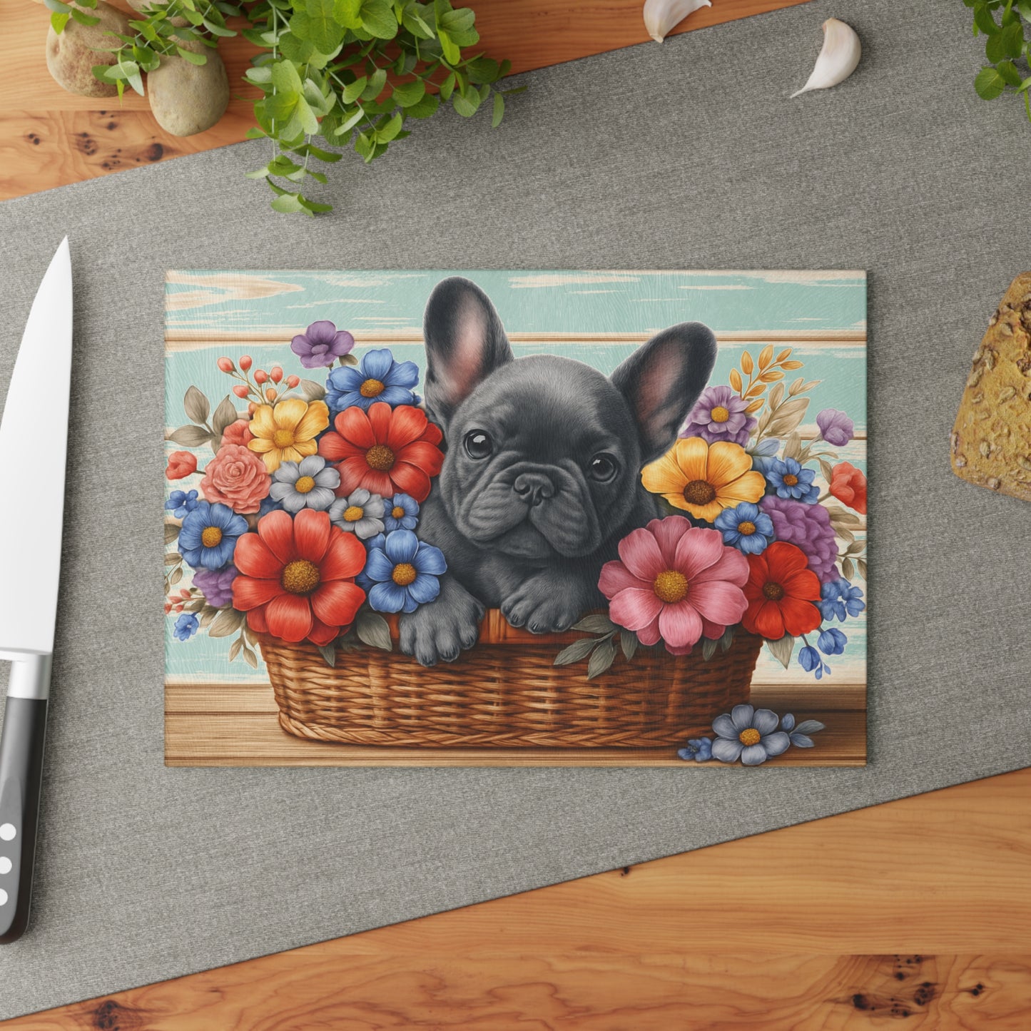 🐾 Gray French Bulldog in Bloom Basket Cutting Board – Frenchie Charm Meets Floral Elegance 🌸