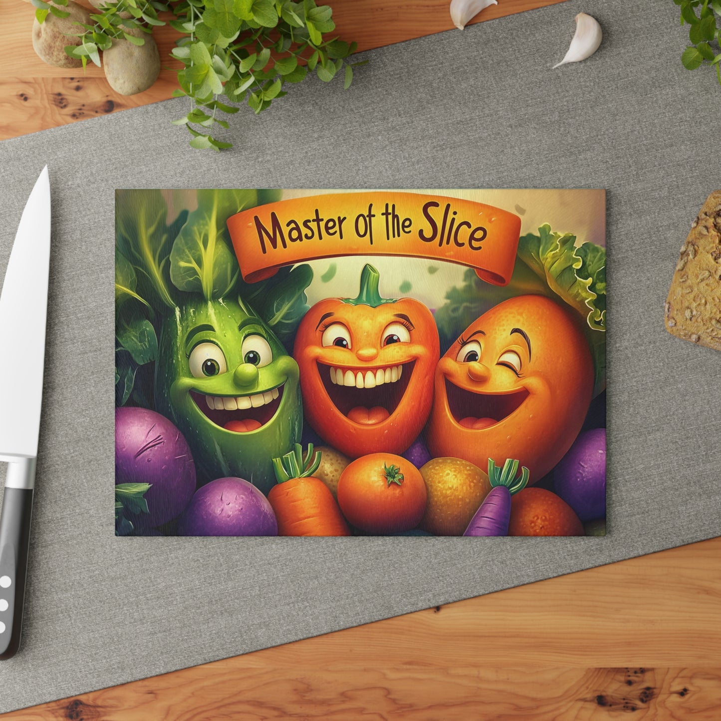 Tabla de cortar de vidrio “Maestra del Corte” – Humor de cocina de verduras que ríen 😄🍅