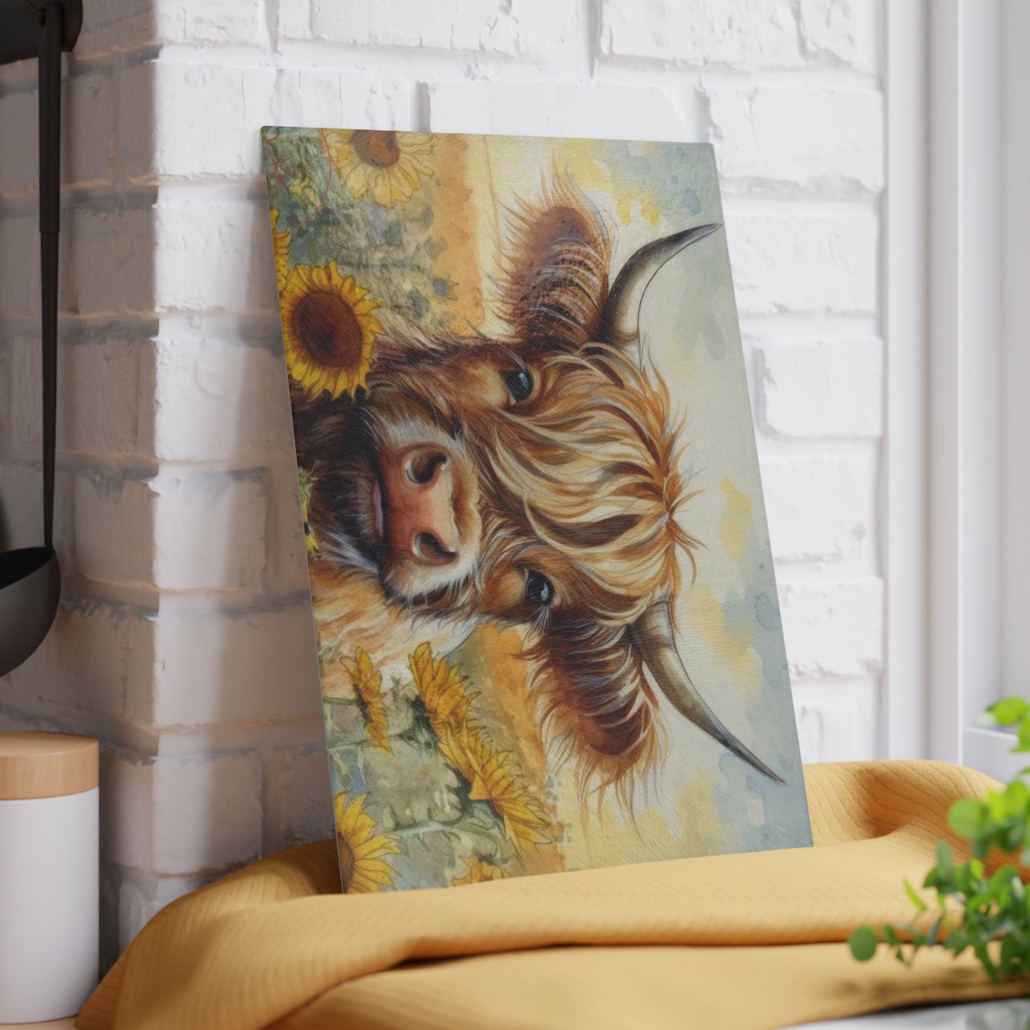 Tabla de cortar de vidrio templado con diseño de vaca de las Tierras Altas, tabla de cortar con diseño de girasol, decoración rústica de granja, regalo para amantes de las vacas, tabla de charcutería, regalos para vacas
