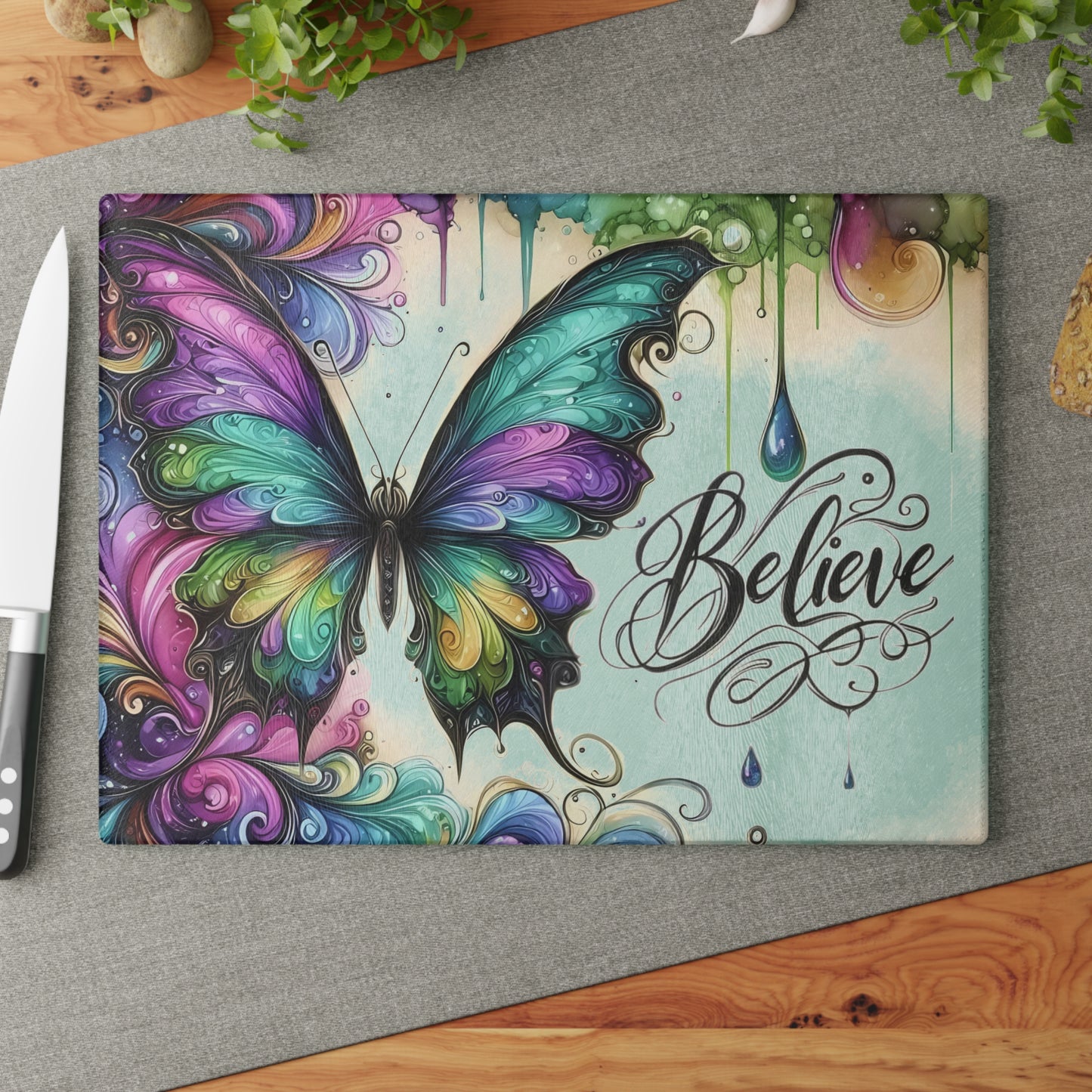 Tabla de cortar con mariposas, arte con mariposas, decoración inspiradora, regalo de aliento, regalo para amantes de la jardinería, tabla caprichosa, regalo de cocina