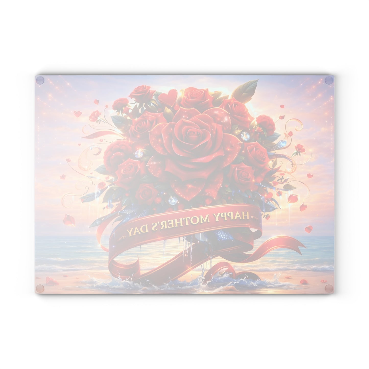 Happy Mothers Day Beach-Themed Glass Cutting Board – "Happy Mother’s Day" Ribbon with Roses, Glass cutting board, beach decor, coastal kitchen, Charcuterie Board, Custom cutting board, Flowers
