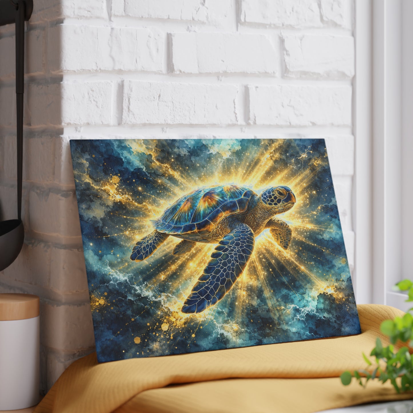 Radiant Sea Turtle Glass Cutting Board – Luminous Ocean Wildlife Art