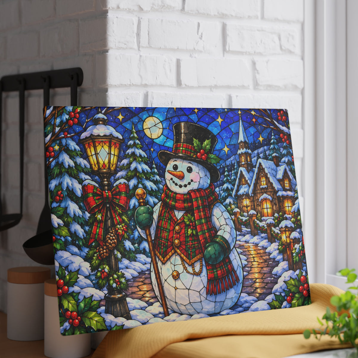 Snowman Christmas Village Stained-Glass-Look Glass Cutting Board – Winter Holiday Kitchen Decor