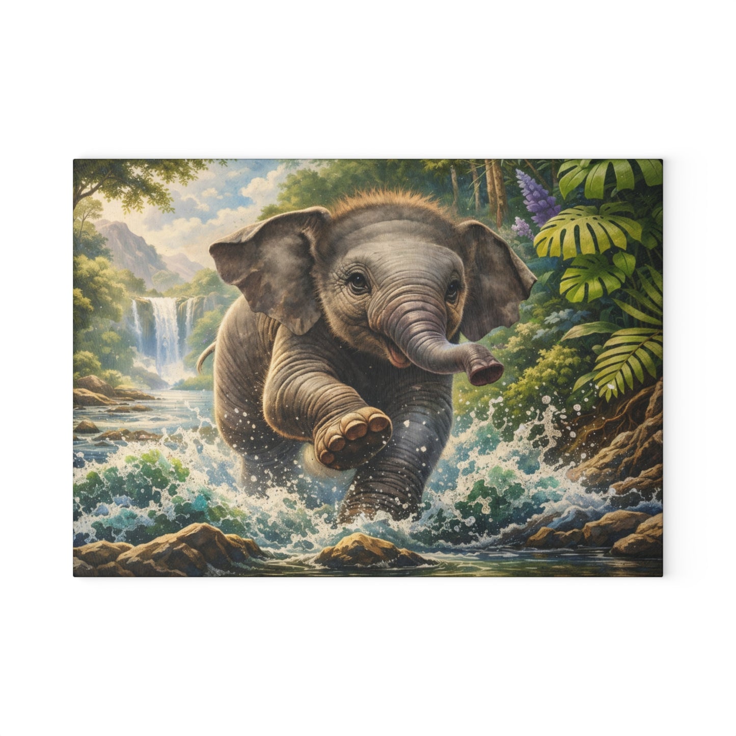 Playful Jungle Elephant Glass Cutting Board – Tropical Waterfall Wildlife Kitchen Art