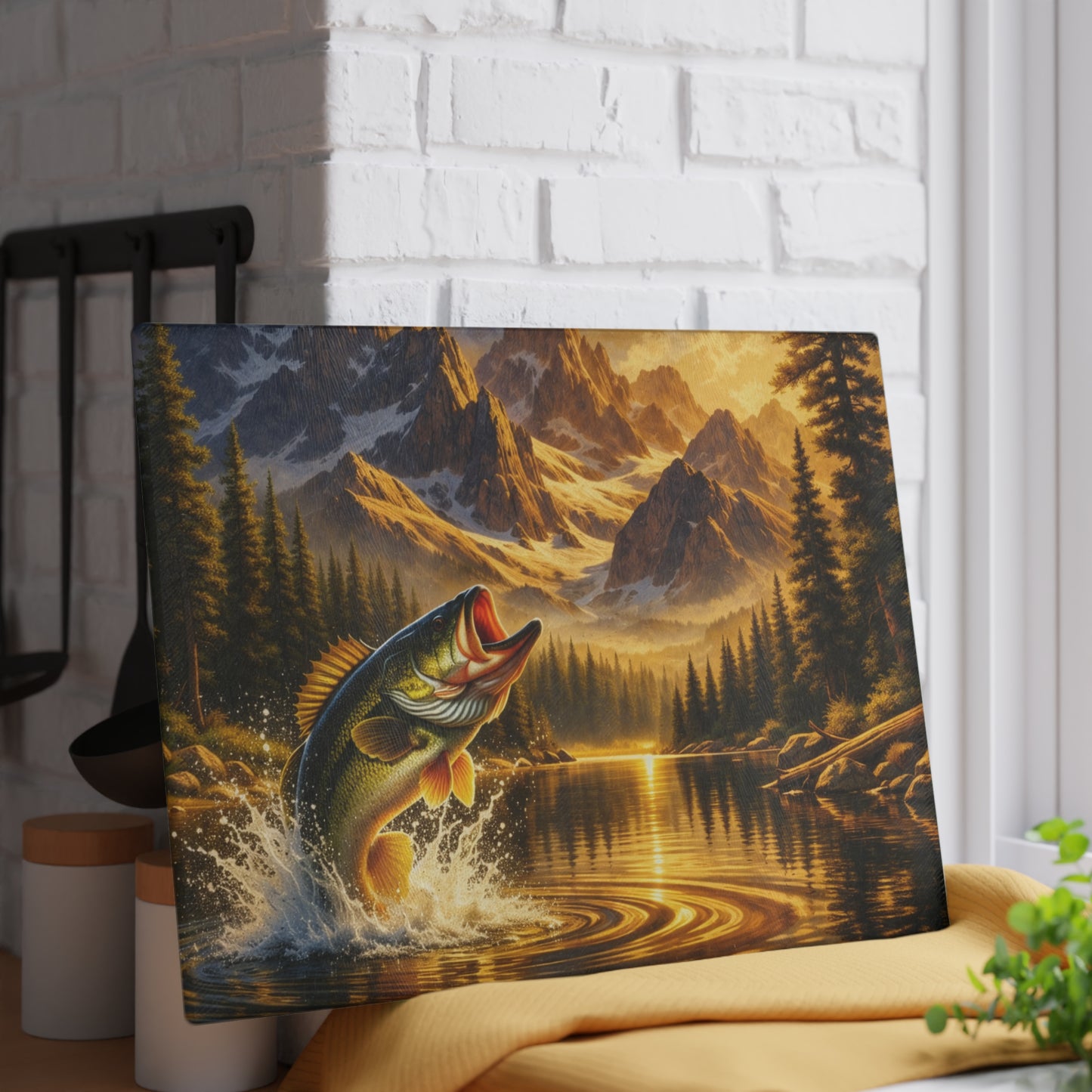 Golden Mountain Bass Glass Cutting Board – Rustic Fishing Lake Landscape Kitchen Art