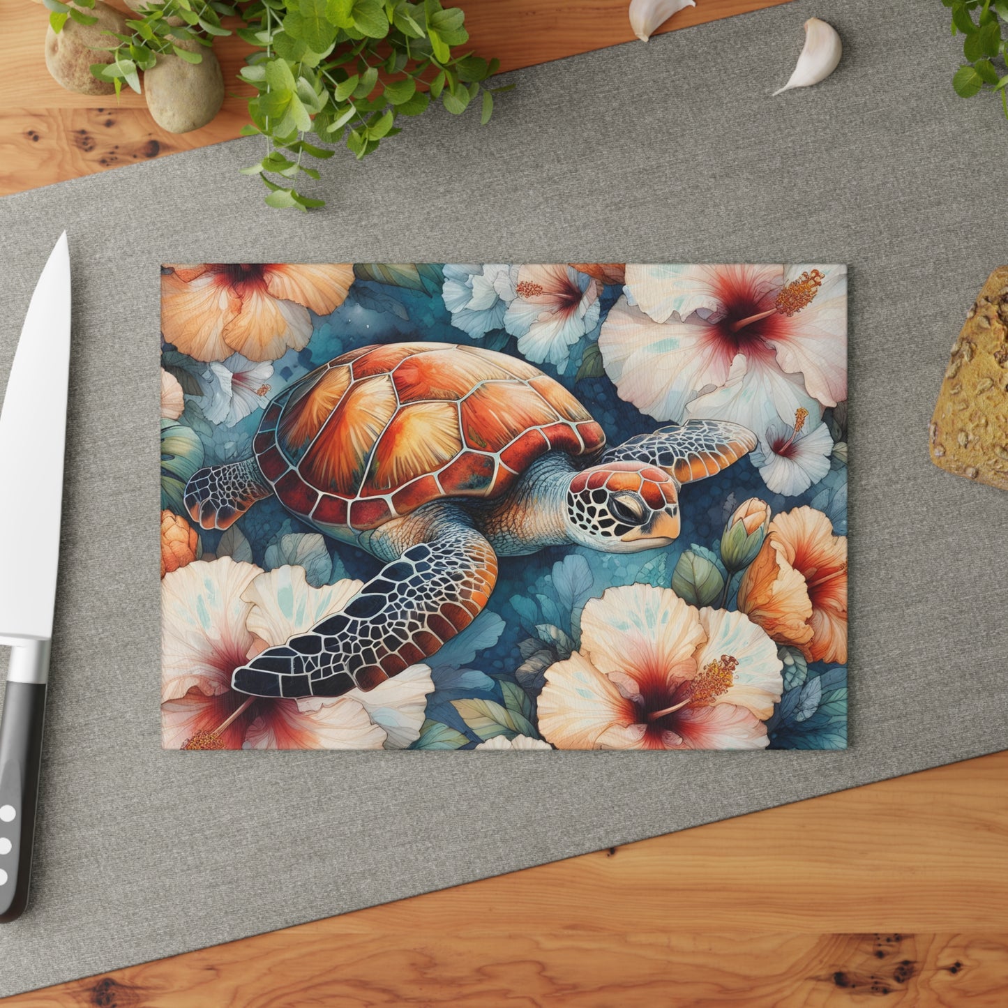 🐢 Tropical Sea Turtle & Hibiscus Cutting Board – Coastal Elegance for Your Kitchen 🌺