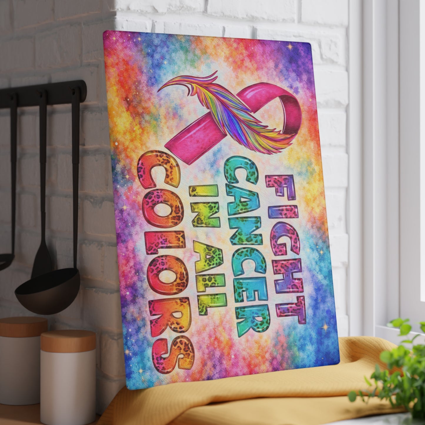 Fight Cancer in All Colors Glass Cutting Board – Rainbow Awareness Ribbon Strength Design