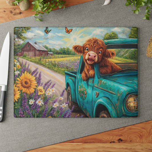 🚚🌼 Excited Baby Highland Cow in Old Truck Glass Cutting Board – Farm Road Joyride with Sunflowers & Barn 🐮🌻