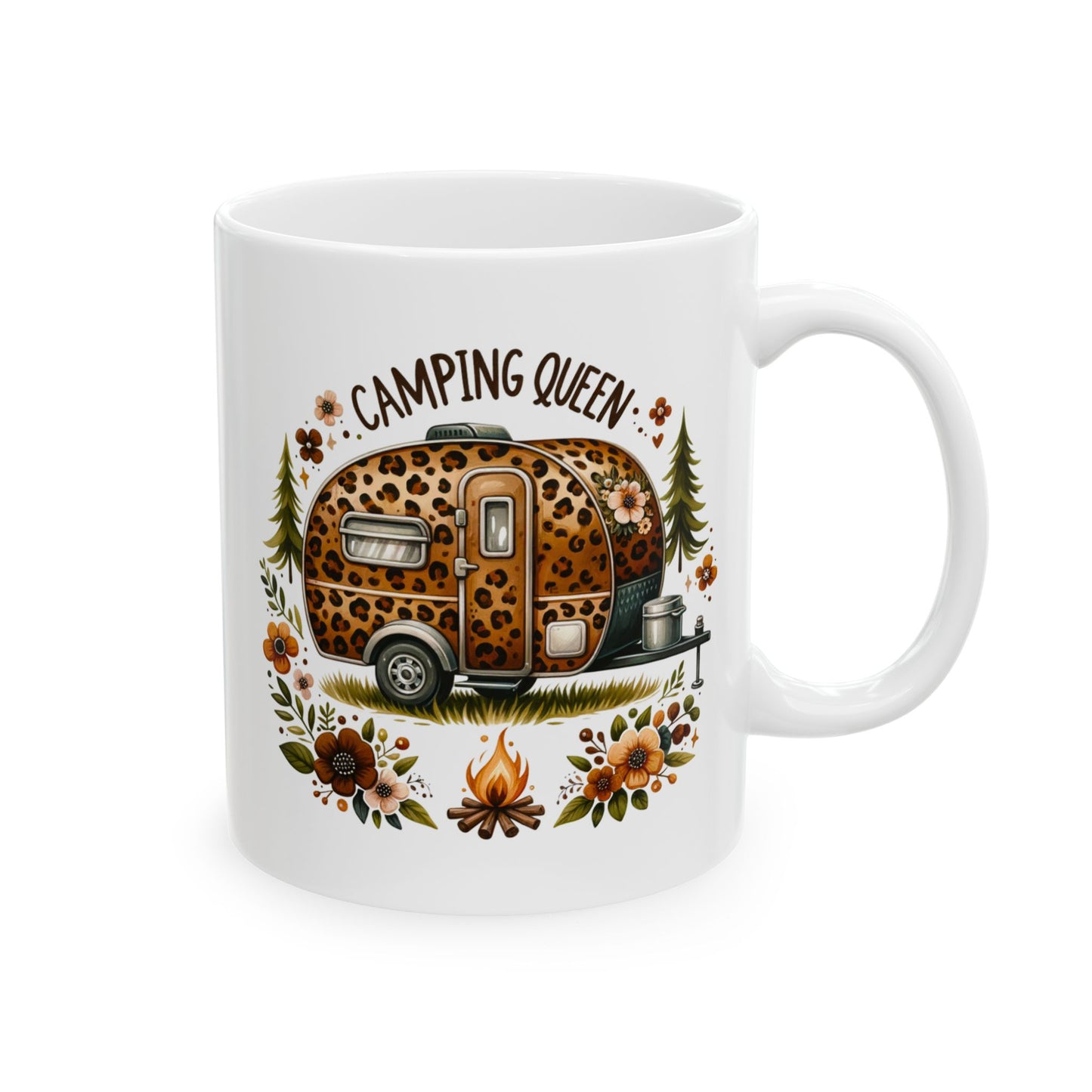 🏕️ Camping Queen – Leopard Print Camper Coffee Mug 🌸