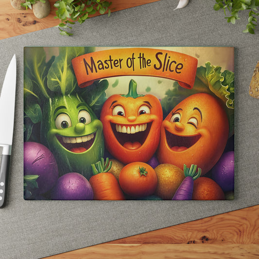 Tabla de cortar de vidrio “Maestra del Corte” – Humor de cocina de verduras que ríen 😄🍅