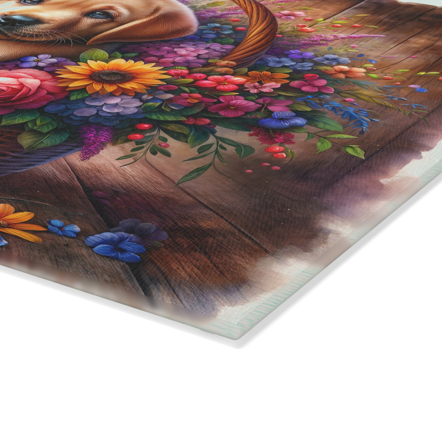 🐾 Yellow Labrador Puppy Floral Basket Cutting Board – Sweet Charm for Your Kitchen 🌸