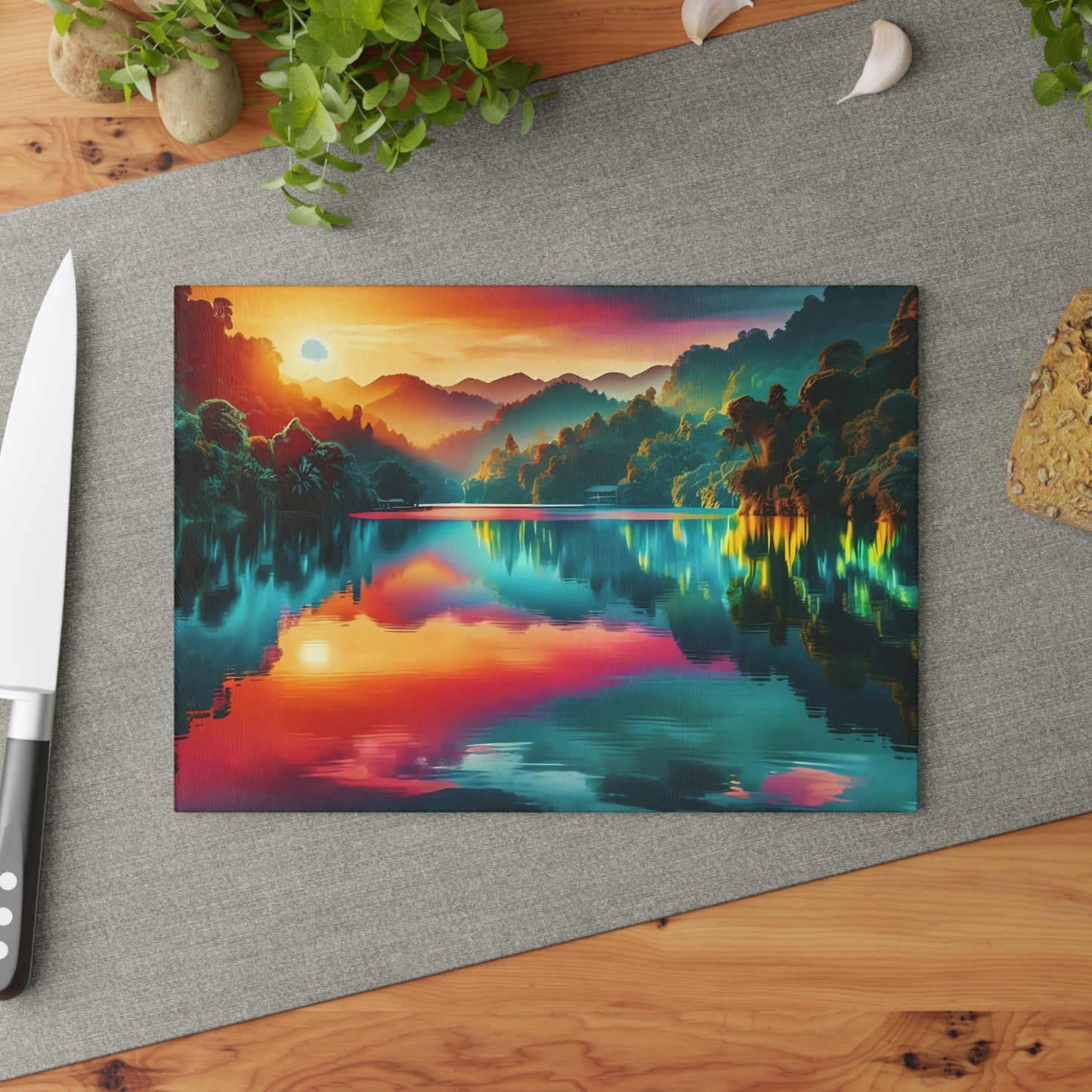 Tabla de cortar de vidrio con brillo de atardecer en la jungla: un escape tropical vibrante para tu cocina