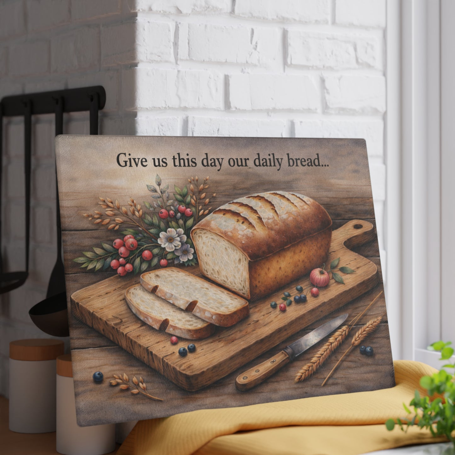 Rustic Artisan Bread Glass Cutting Board – Farmhouse Kitchen Artwork