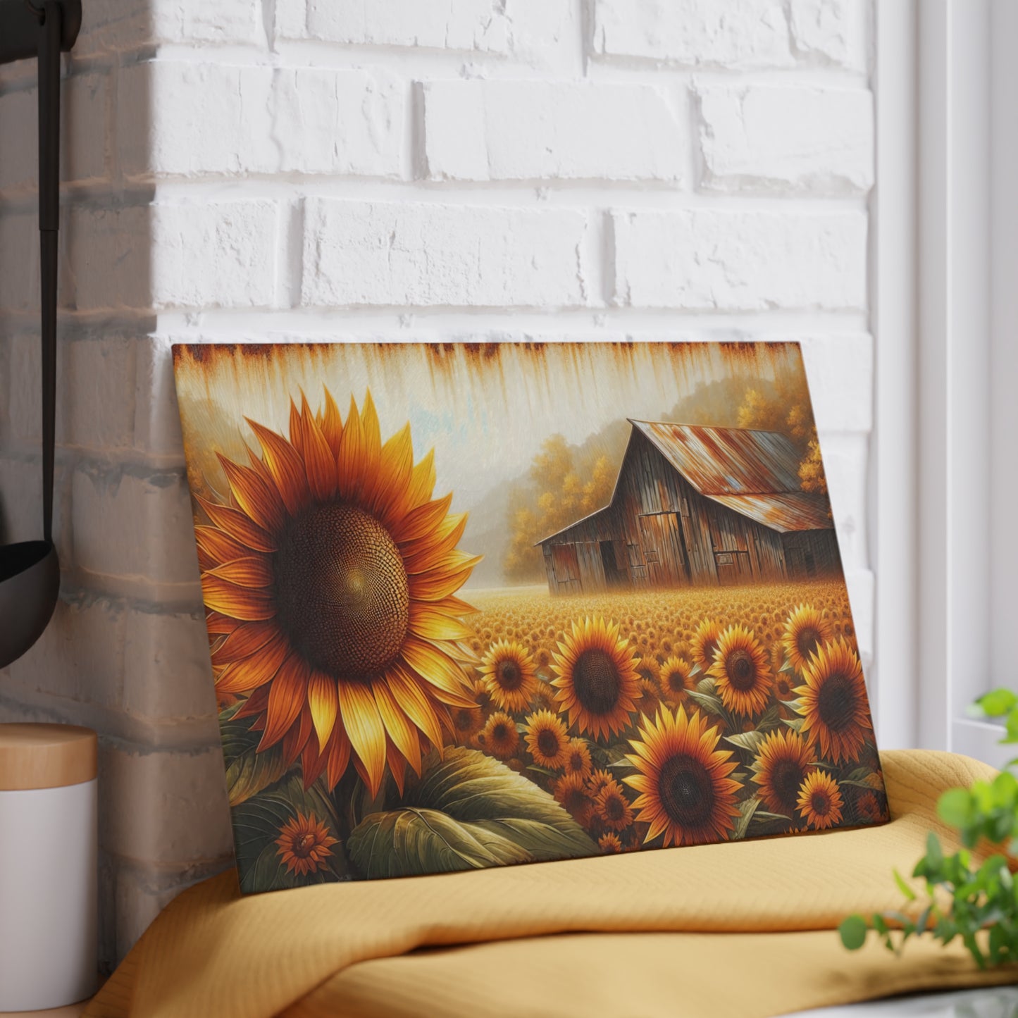 🌻🏡 Rustic Sunflower Barn Cutting Board – Timeless Farmhouse Elegance for Your Kitchen 🌾