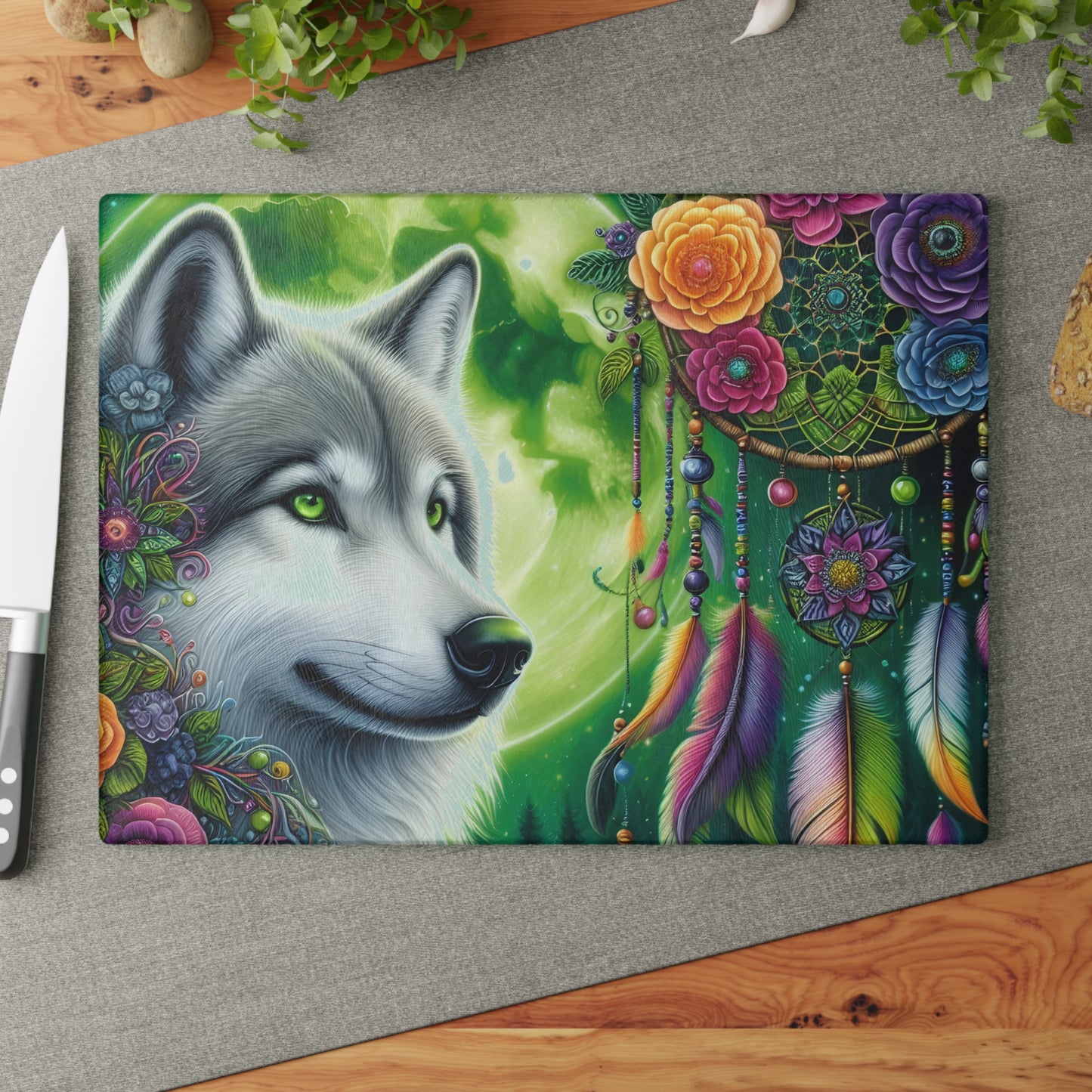 🐺🌙 Dreamcatcher Wolf Cutting Board – Mystic Beauty for Your Kitchen ✨