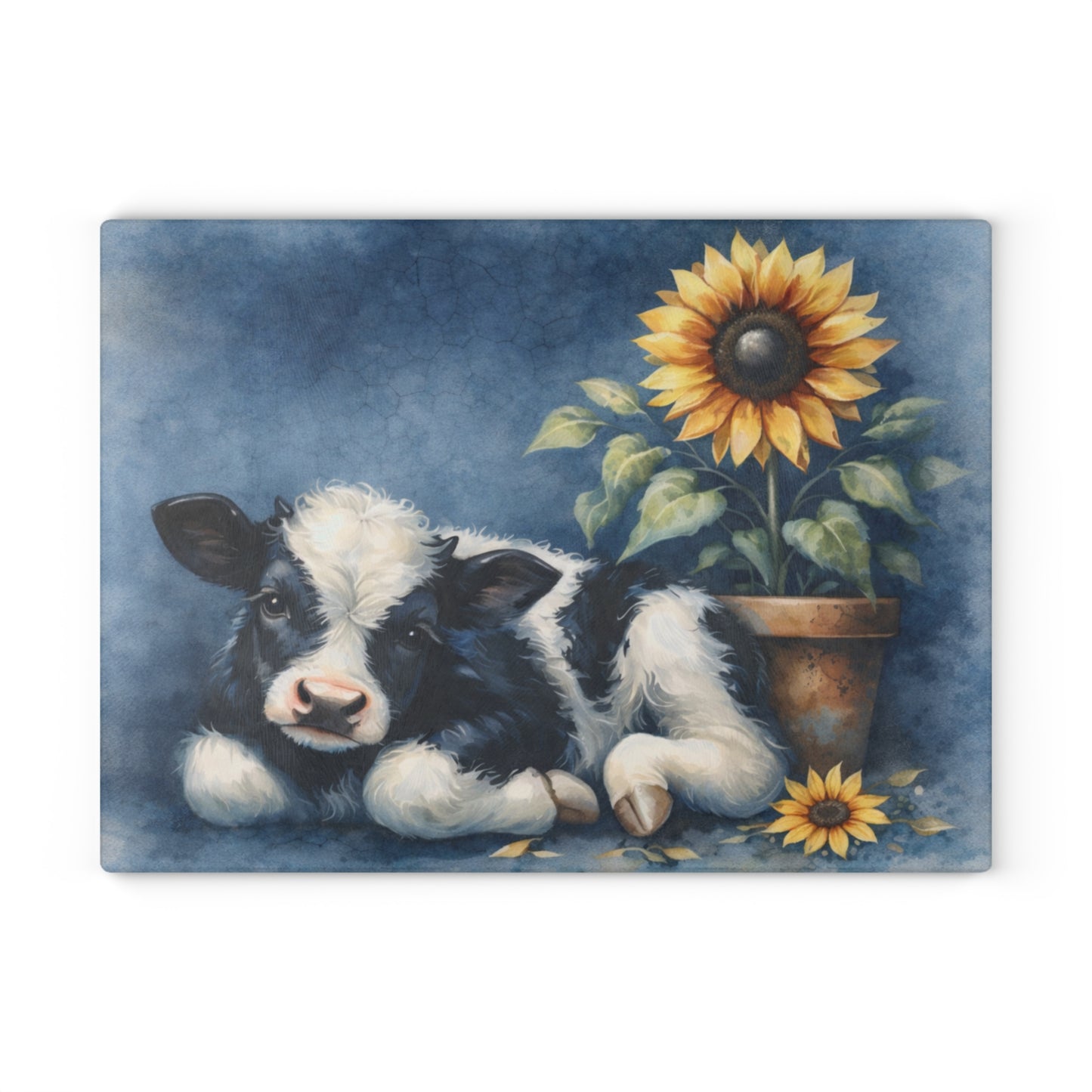 Sunflower & Baby Cow Glass Cutting Board – Rustic Farmhouse Kitchen Decor