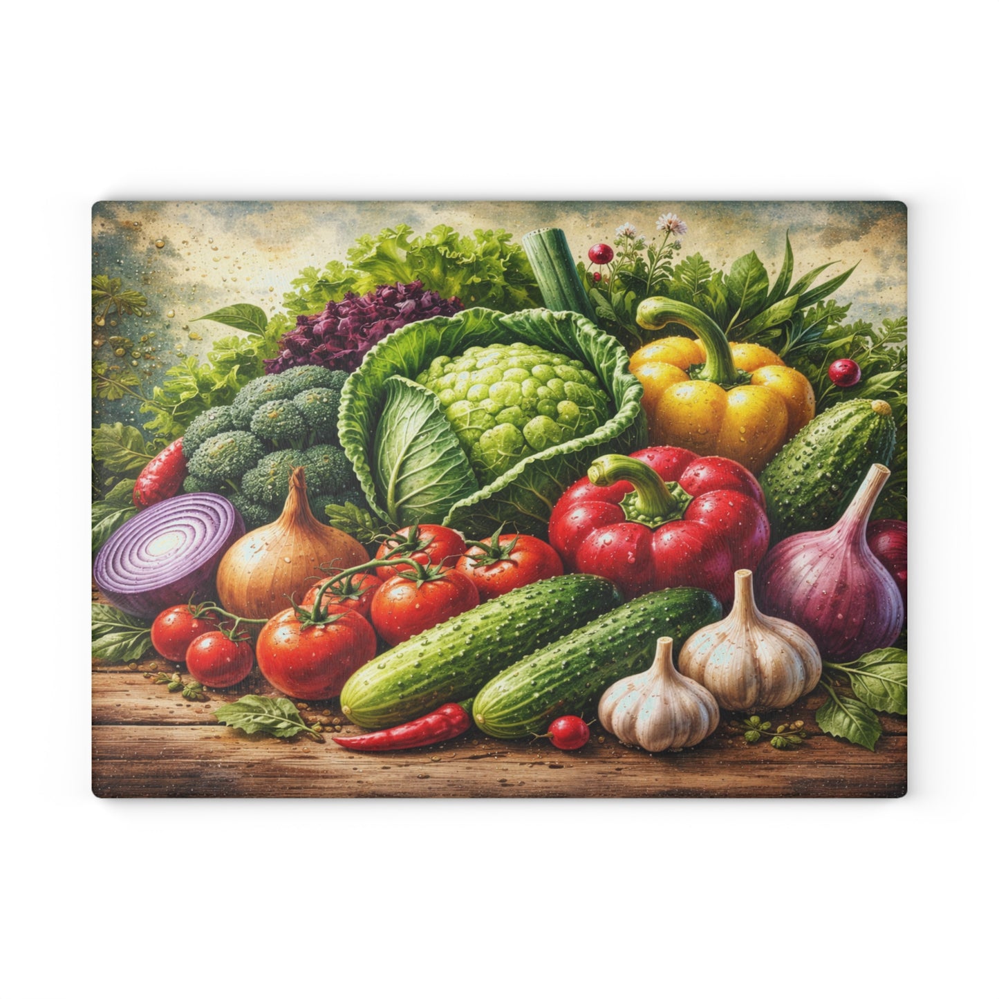 Garden Harvest Glass Cutting Board – Fresh Farm Market Inspired Kitchen Art