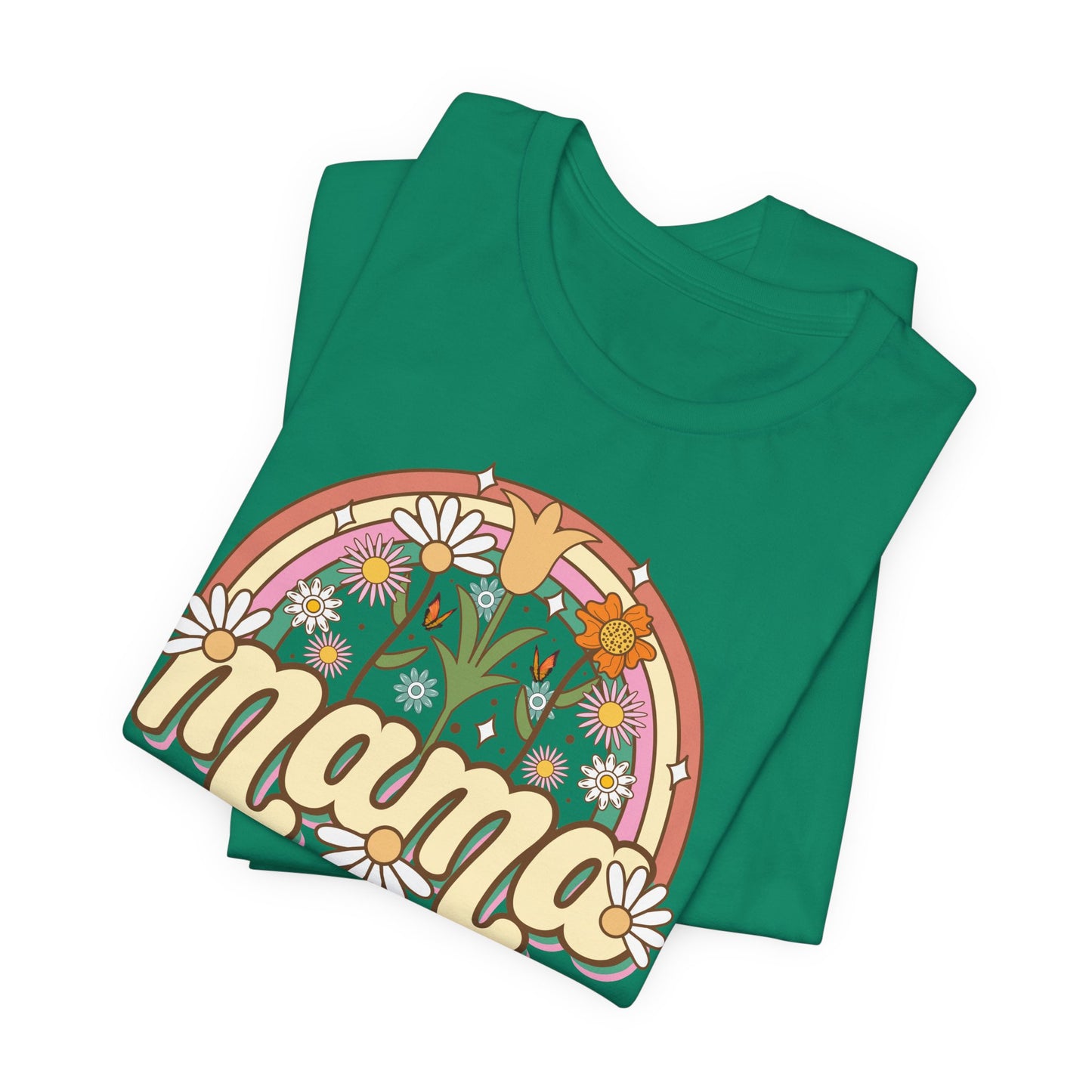 🌼🌈 Retro Floral Mama T-Shirt – Boho Rainbow Graphic Tee for Moms 🌻✨