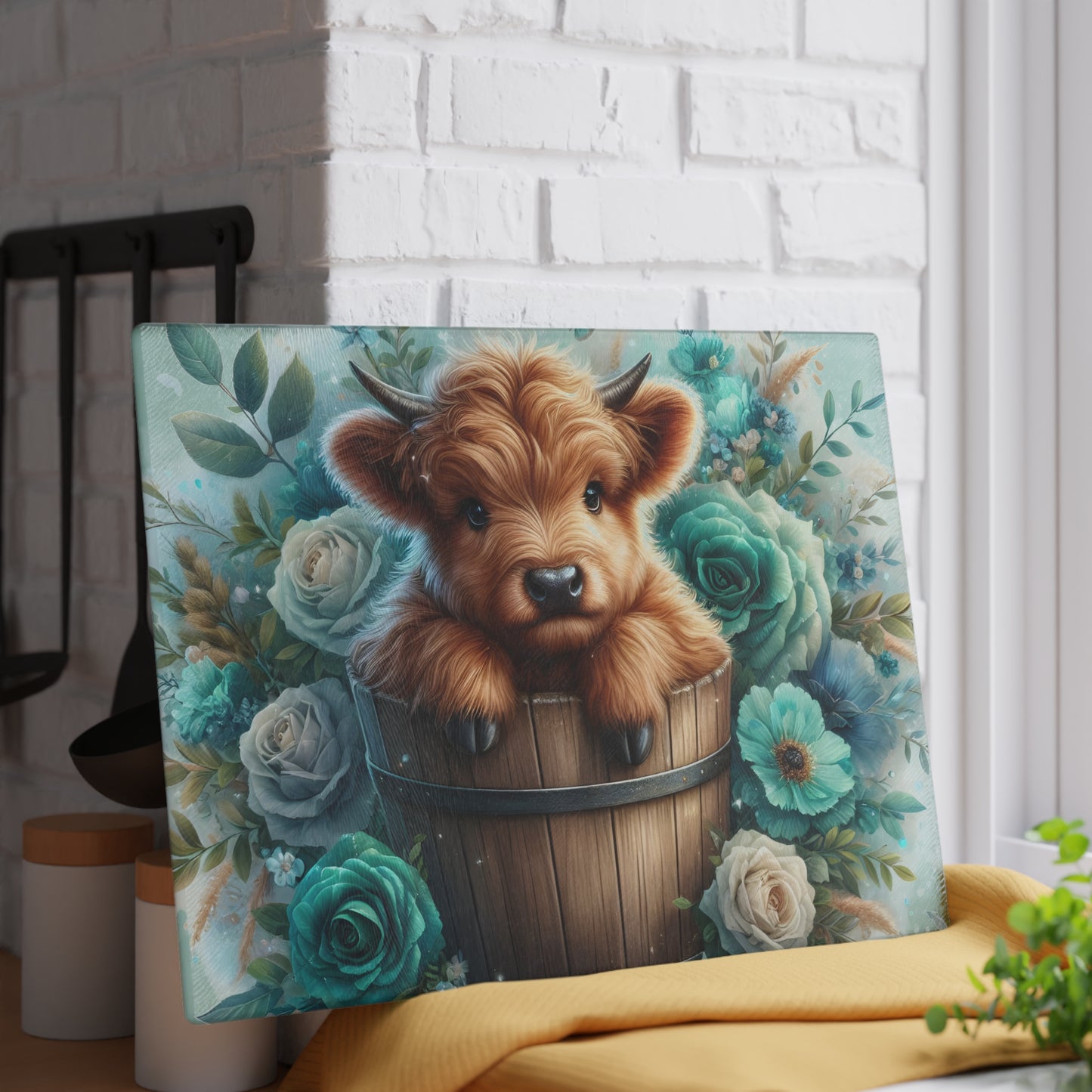 🐮 Highland Calf in a Bucket Cutting Board – Rustic Charm Meets Floral Elegance 🌿