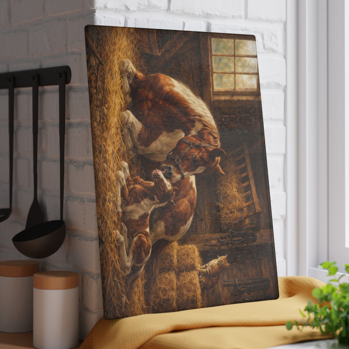 Mother Horse and Foal Barn Scene Glass Cutting Board – Rustic Farmhouse Kitchen Decor with Country Stable Artwork