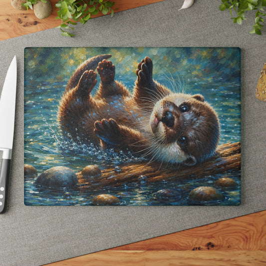 Playful River Otter Glass Cutting Board – Woodland Water Animal Kitchen Decor