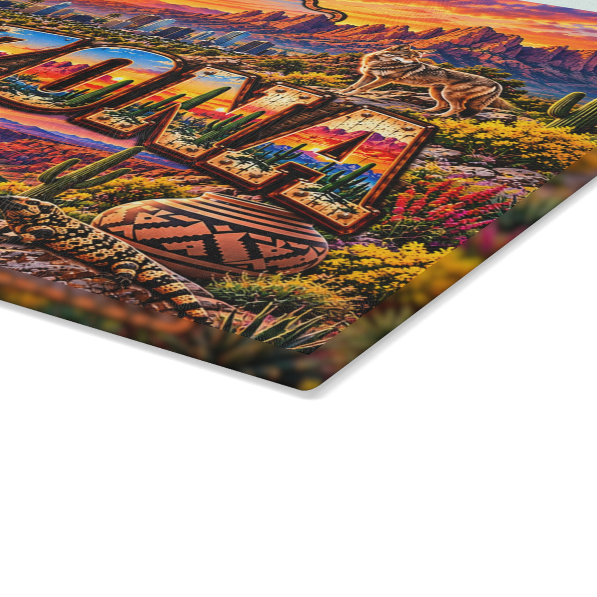 Arizona Glass Cutting Board – Arizona State Map, Grand Canyon, Saguaro Cactus, Desert Wildlife & Sunset Kitchen Décor