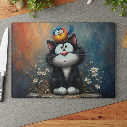 Funny Cat & Bird Glass Cutting Board – Whimsical Cartoon Cat Kitchen Decor, Cute Animal Lover Gift