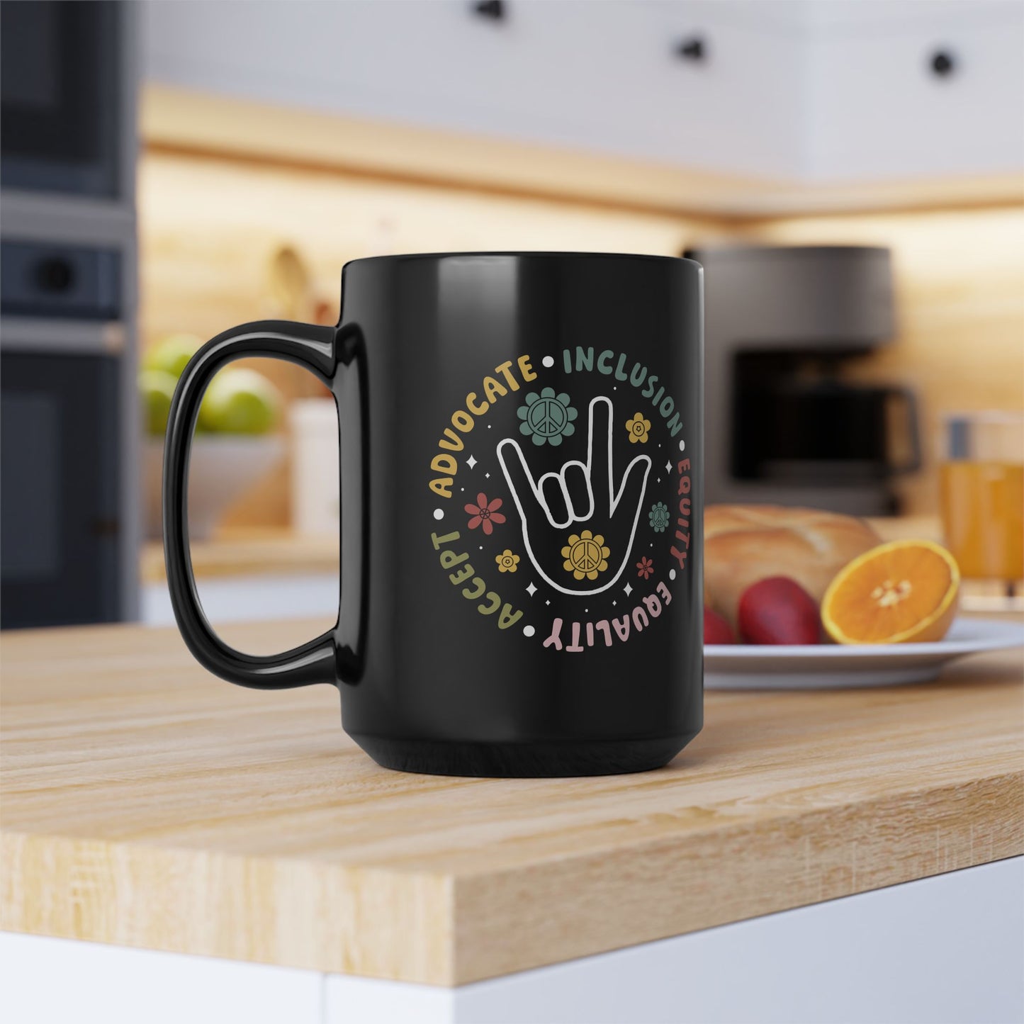 🤟 Advocate • Inclusion • Equity • Equality • Accept – Black Ceramic Mug (15oz)