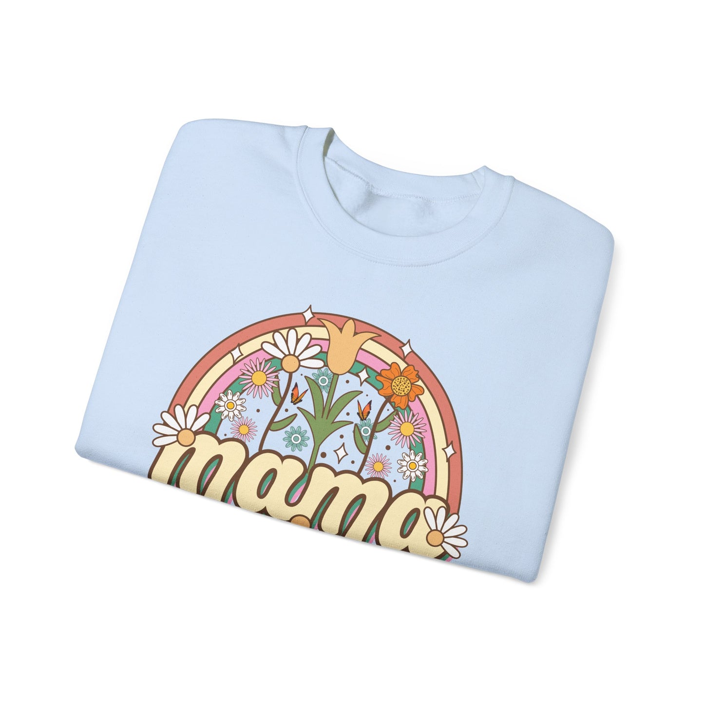 🌼🌈 Retro Floral Mama Sweatshirt – Vintage Rainbow Daisy Mom Crewneck