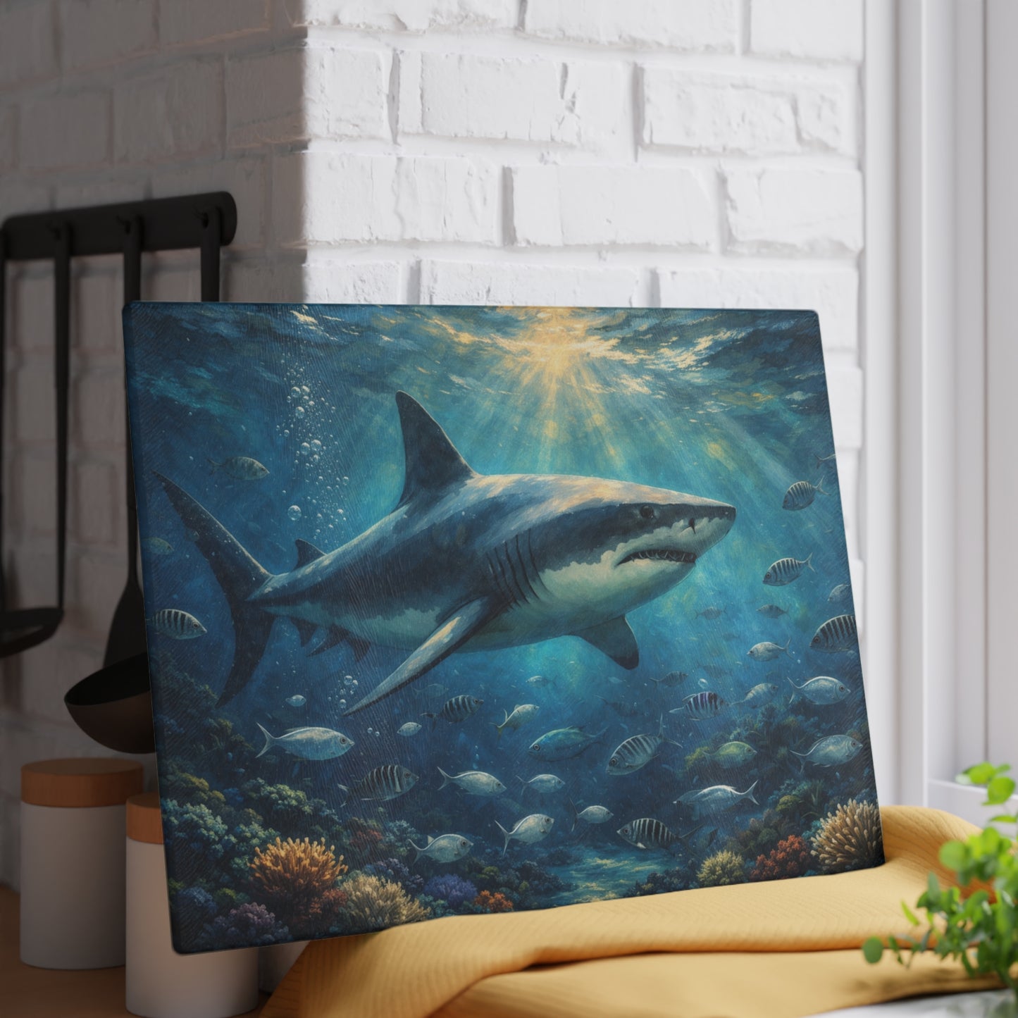 Guardian of the Deep Glass Cutting Board – Majestic Ocean Shark Artwork