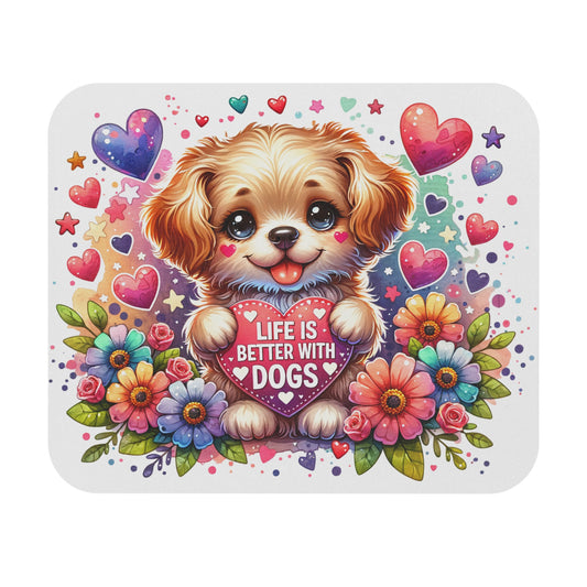 🐶 La vida es mejor con perros: adorable alfombrilla de ratón con forma de cachorro, flores y corazones